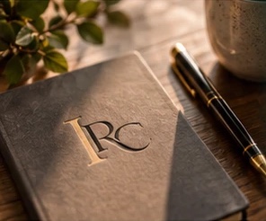 Leather journal embossed with the IRC monogram beside a pen