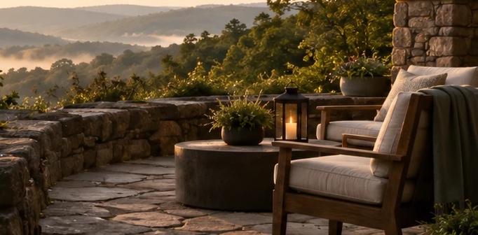 Stone terrace overlooking the Hocking Hills at sunrise
